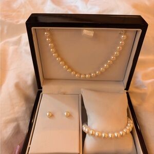 Authentic Freshwater Pearl Bridal Jewelry Set with Necklace Earrings Bracelet